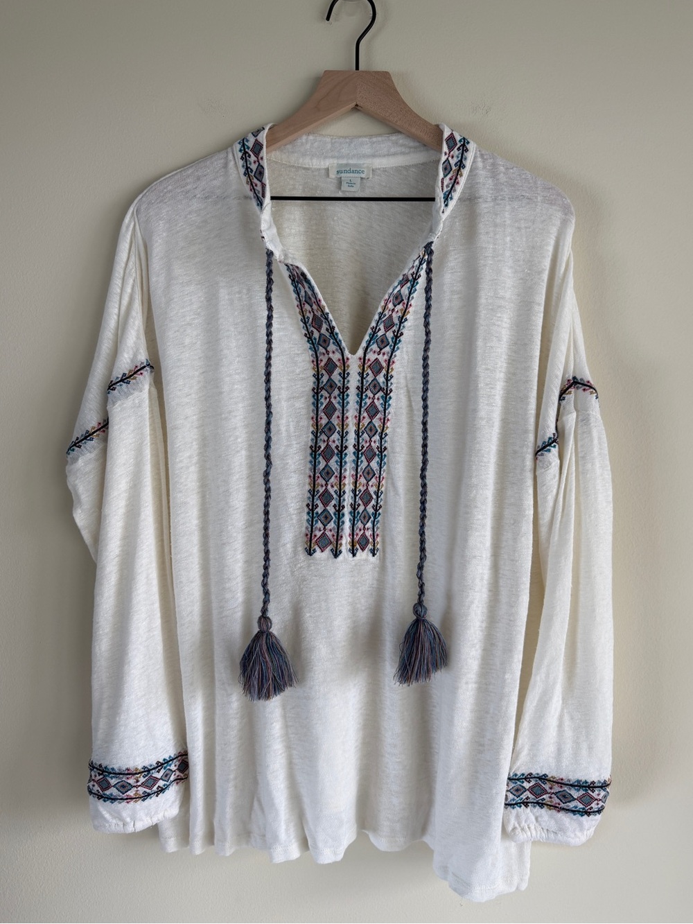 Sundance Gisele Geo Embroidered 100% Linen Tassel Peasant Boho Top Large L
